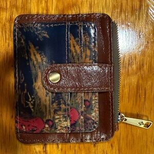 Patricia Nash Brown & Navy Leather Zip Wallet with Red Accent